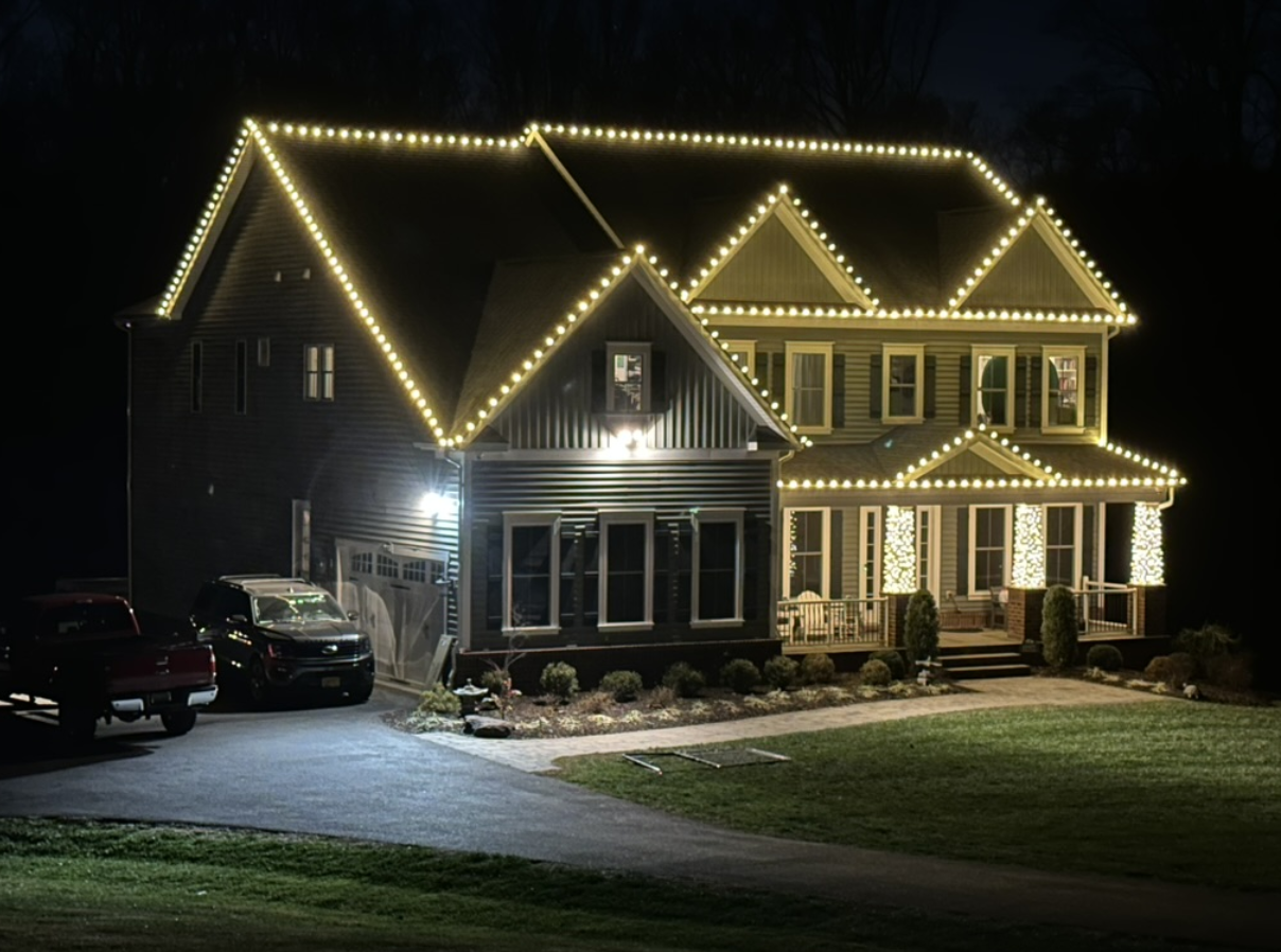 Seasonal LED roofline lighting installation in Howard County